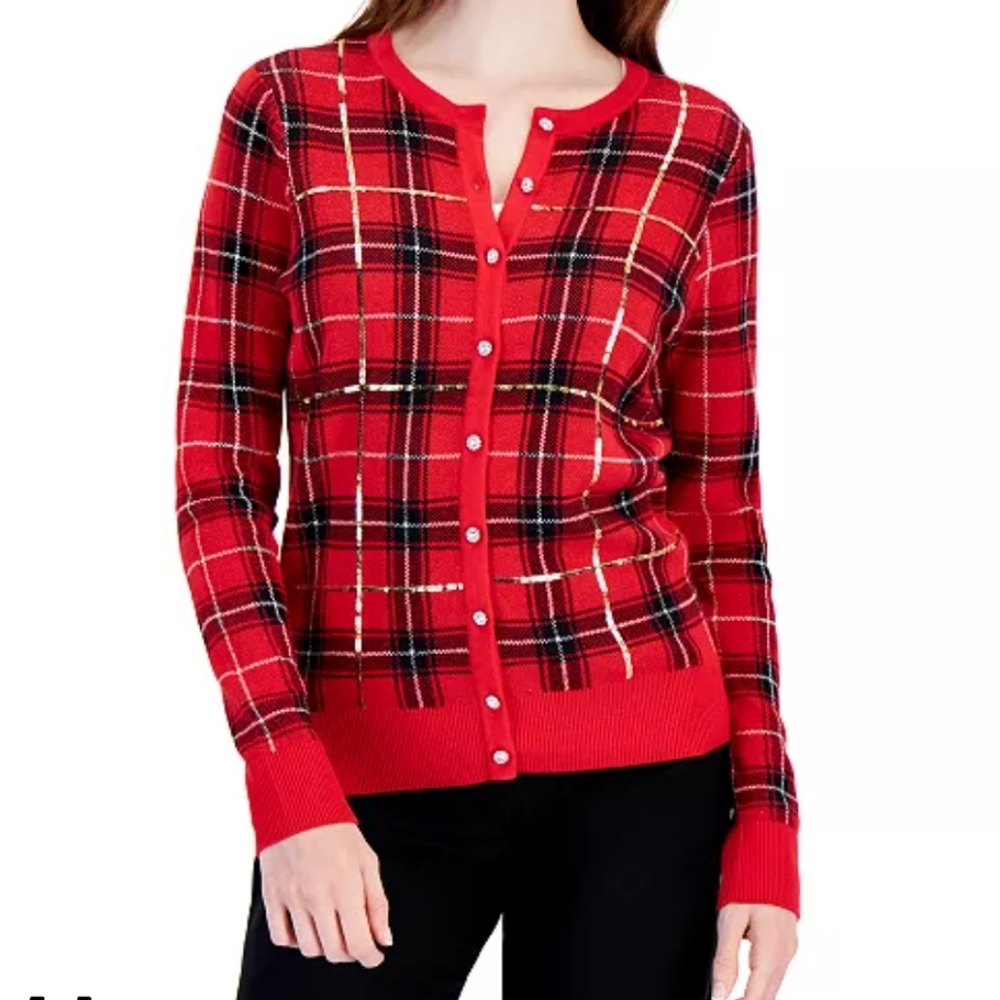 Charter Club red plaid crystal buttons Embellished Plaid Cardigan size small nwt